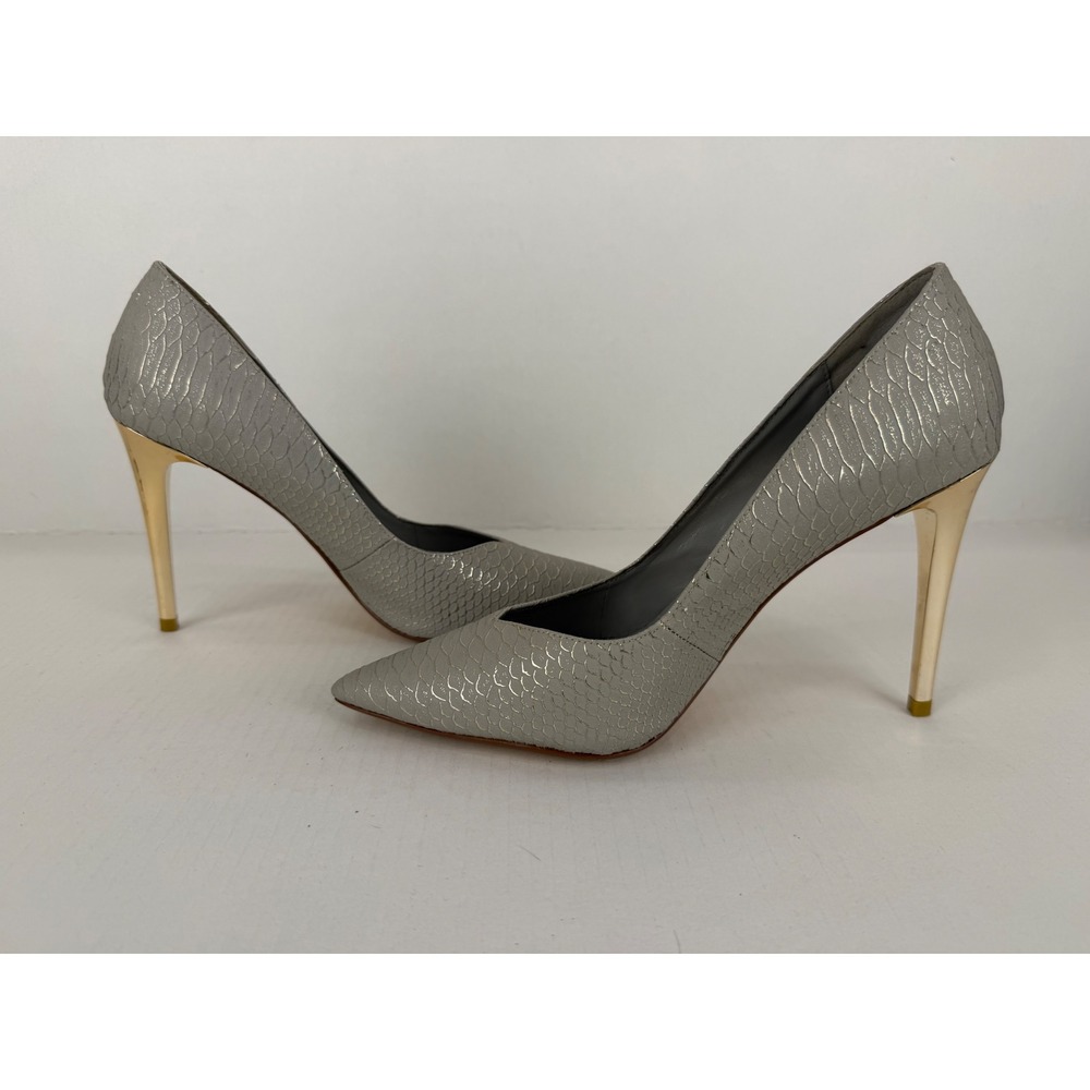 Dune London Stiletto Pumps Womens 38 Gray‎ Gold Snakeskin Embossed Pointed Toe